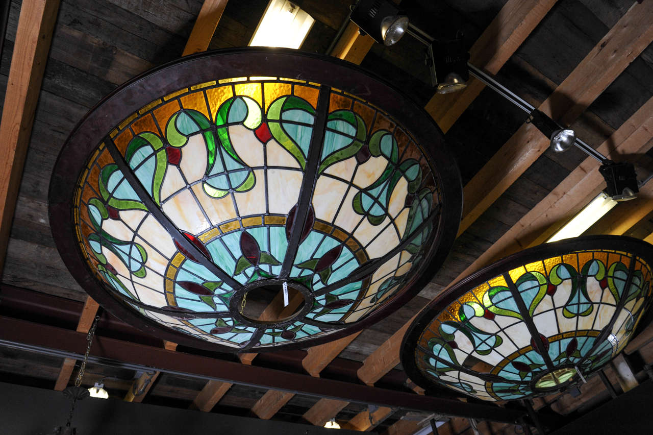 French A monumental sized glass-in-lead Art Nouveau ceiling light, bar look